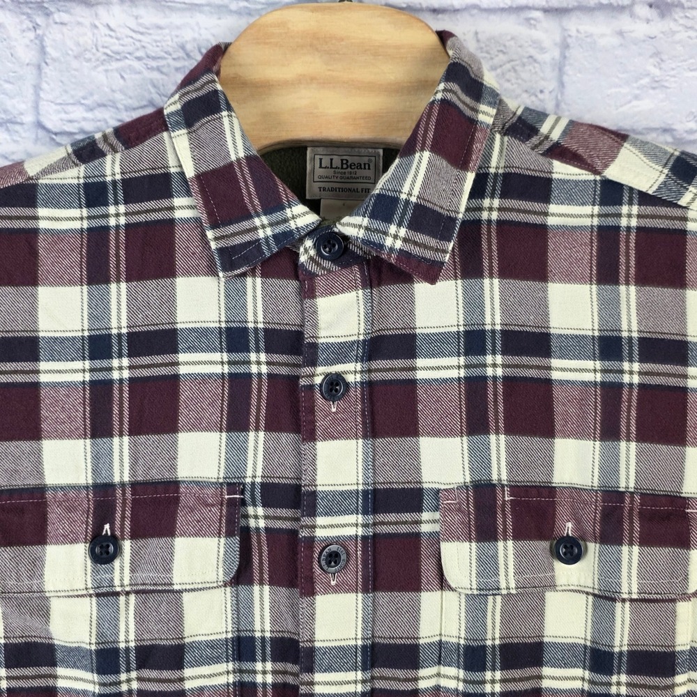 LL Bean Mens Fleece Lined Flannel Button Shirt Jacket Plaid Burgundy Size Medium